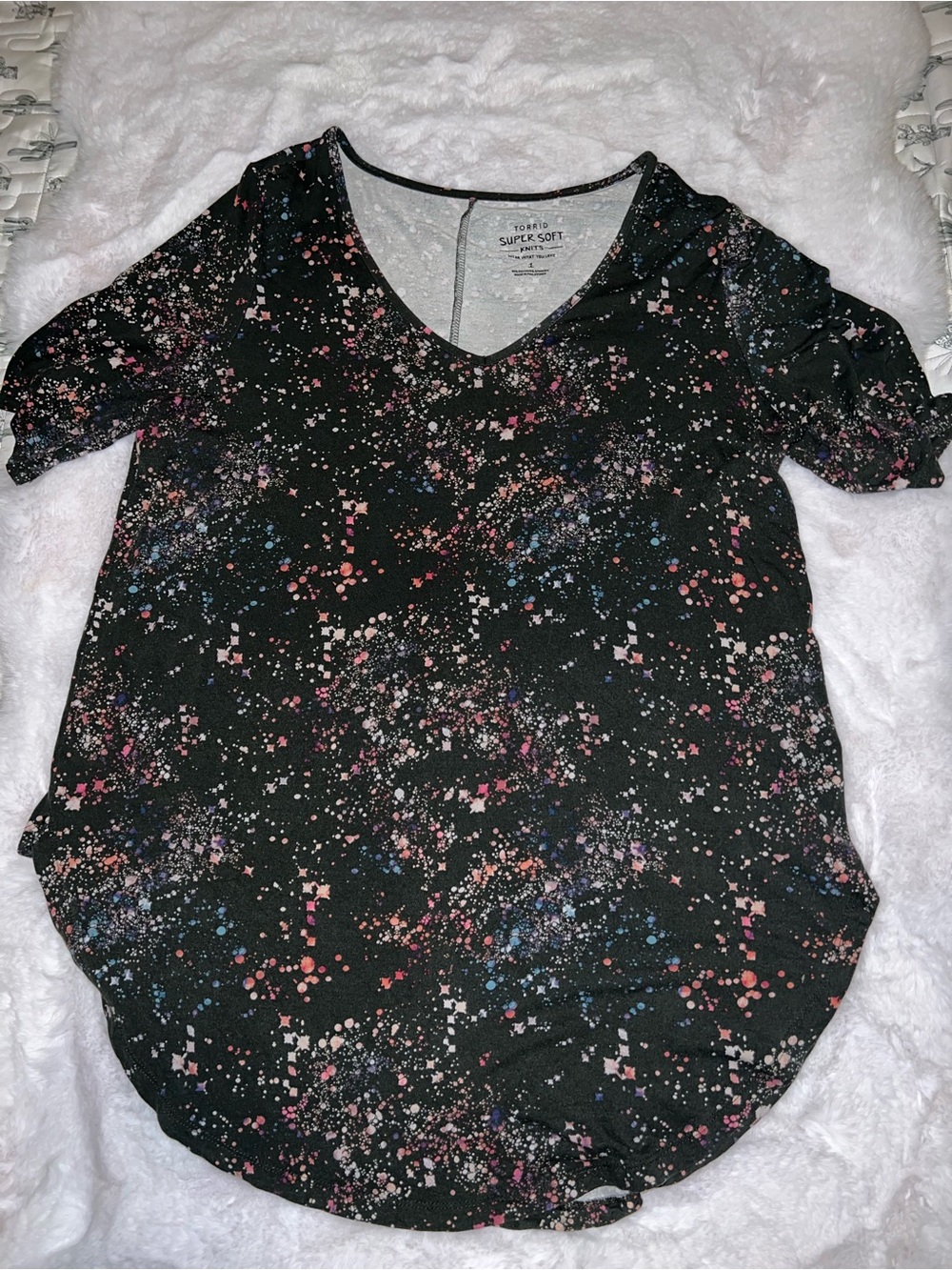 torrid V-Neck Short Sleeve Tee with Pink & Blue Splatter